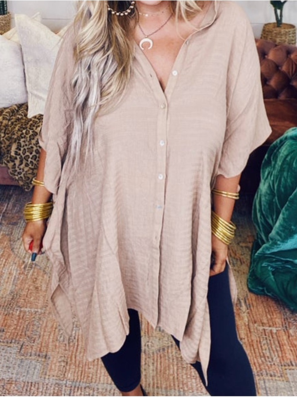 eesome Oversized Button-Front Tunic in Beige